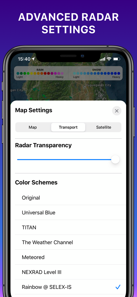 Advanced radar map settings and color scheme selection in the Rain Radar weather app