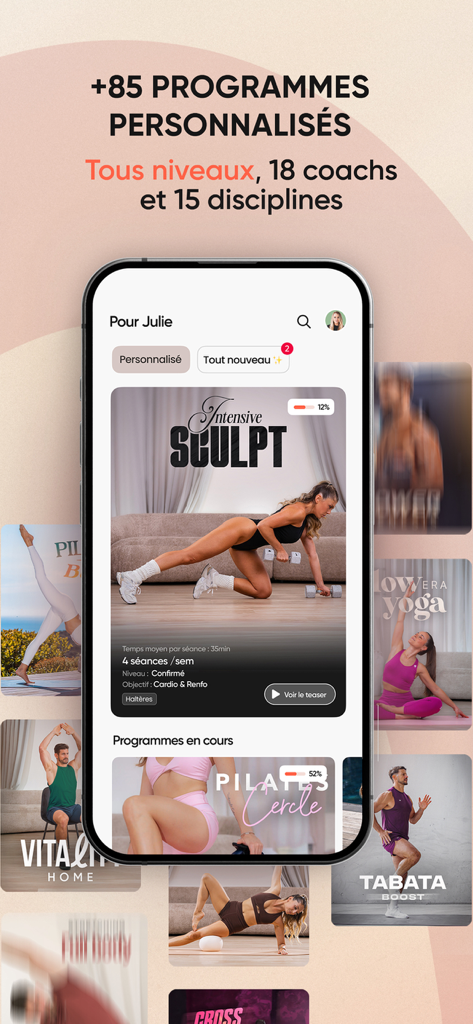 Grity - Sport & Nutrition - Interface de l'application mobile Grity présentant une variété de programmes d'entraînement à domicile personnalisés, y compris sculpture et pilates.