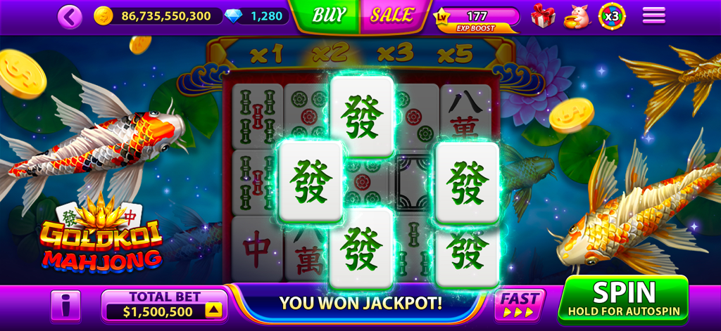 Full House Casino: 777 Slots - A jackpot win screen in the Goldkoi Mahjong game within the Full House Casino app featuring koi fish and mahjong tiles.