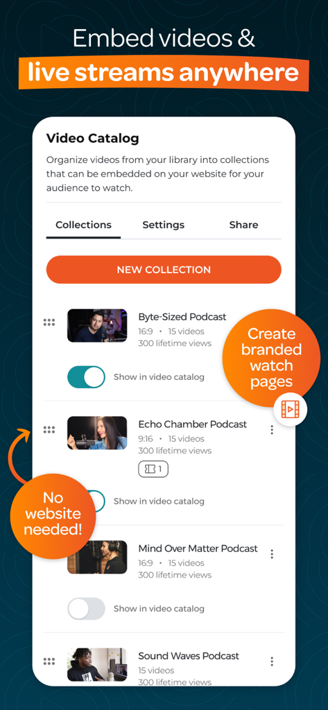 라이브 스트림을 구성하고 포함하는 옵션이 있는 비디오 카탈로그를 보여주는 모바일 앱 인터페이스.
