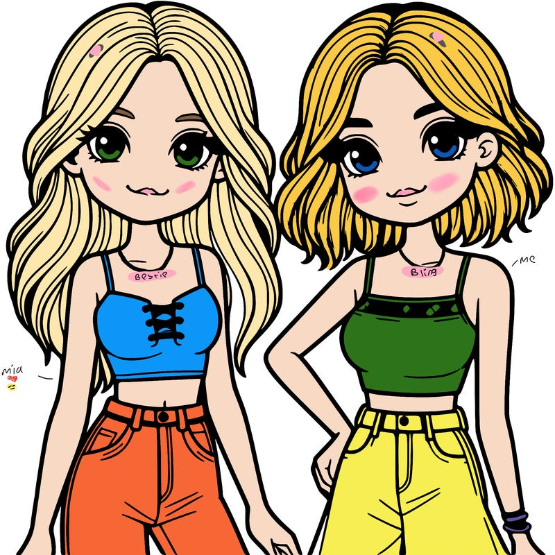 2 girls one with long hair a crop top and jeans and the other with medium hair a tank top anda skirt