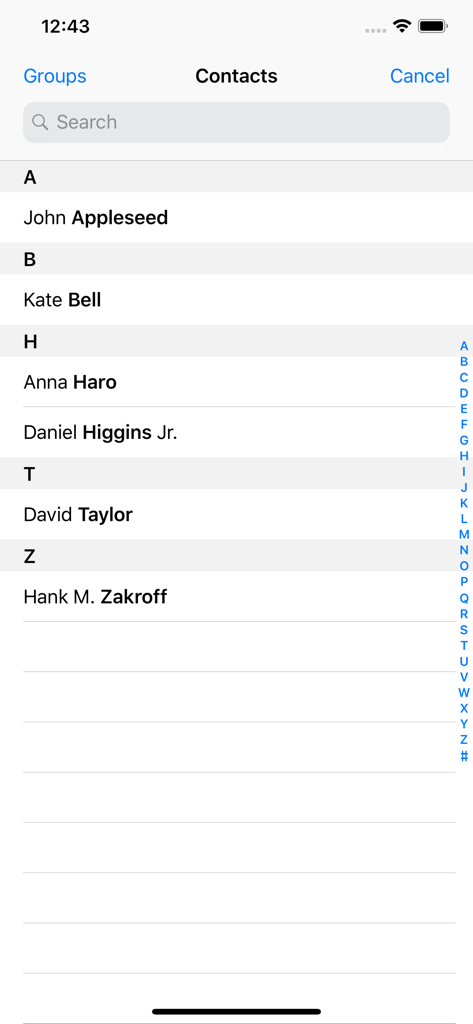 Una pantalla de lista de contactos simple para seleccionar números de teléfono para agregar a la lista de marcación rápida.