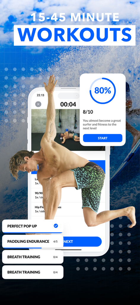 Surf Athlete: Surf Training - Surf training app screen showing a pop up exercise and workout progress tracking