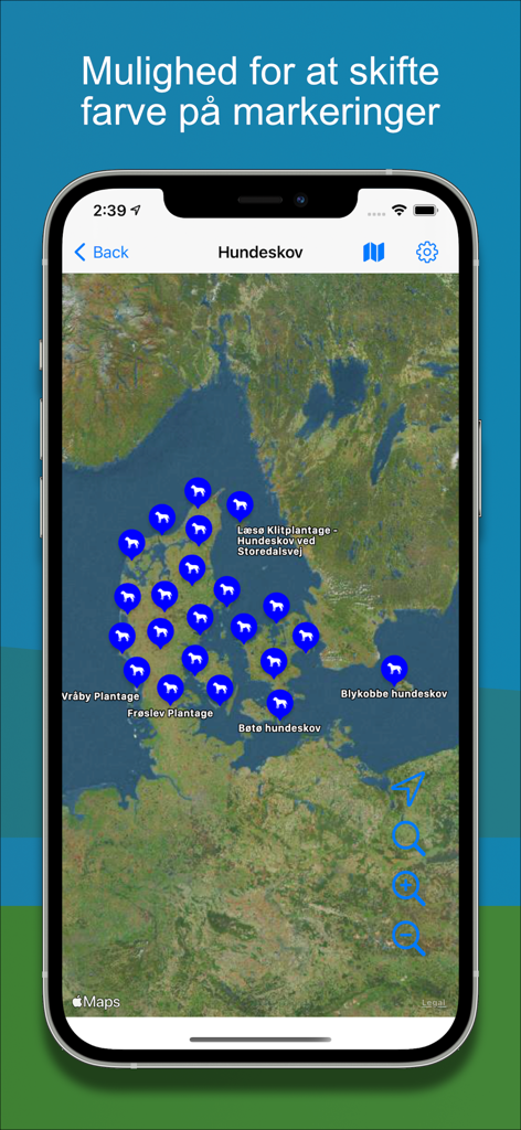 Dog forest - Satellite map view showing dog forest and park locations in Denmark with blue dog icons