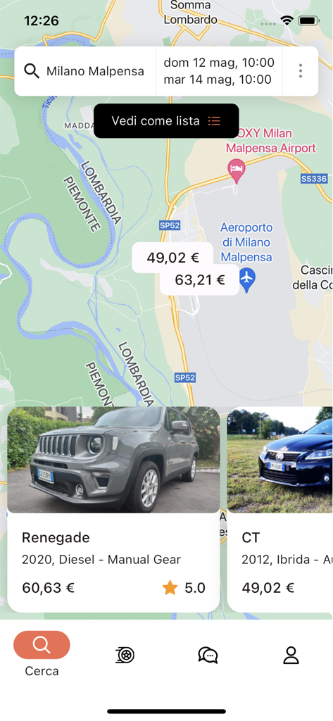 Auting - Vista de mapa en la aplicación Auting que muestra los precios de coche compartido y los listados de vehículos cerca de Milán