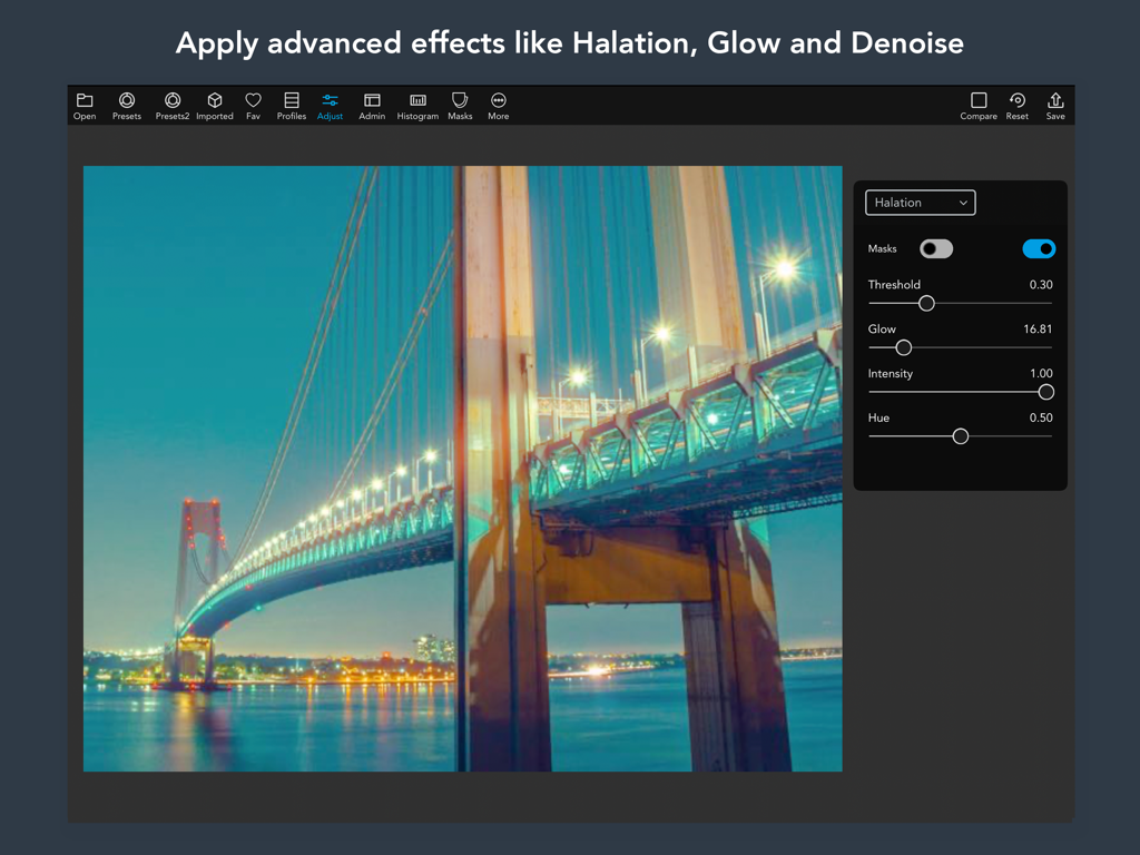 VideoLUT - Color Grade Editor - シネマティックな夜の橋の写真にハレーションとグロー効果の設定を表示しているVideoLUT iPadアプリインターフェース