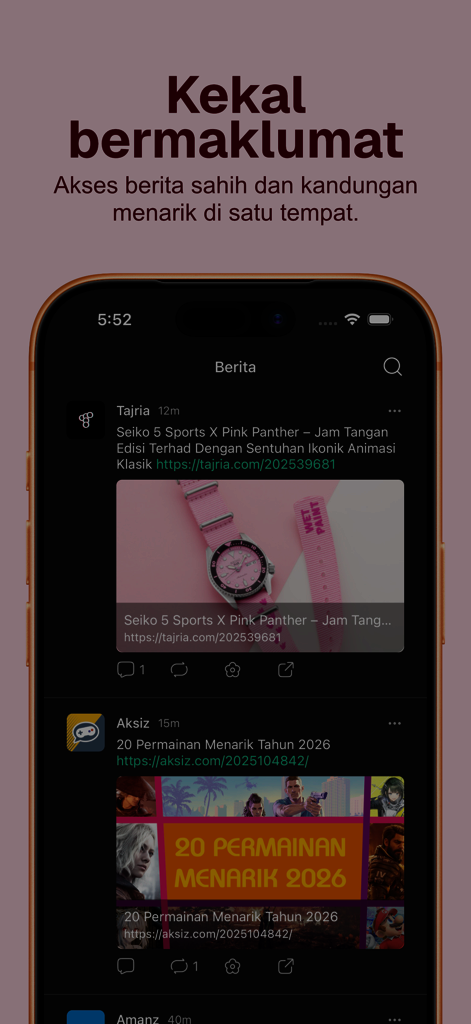 Interfaccia dell'app Daun che mostra un feed di notizie in modalità scura con vari post della community