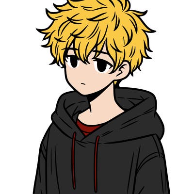 a teenage boy with messy and fluffy hair and a oversized hoodie on