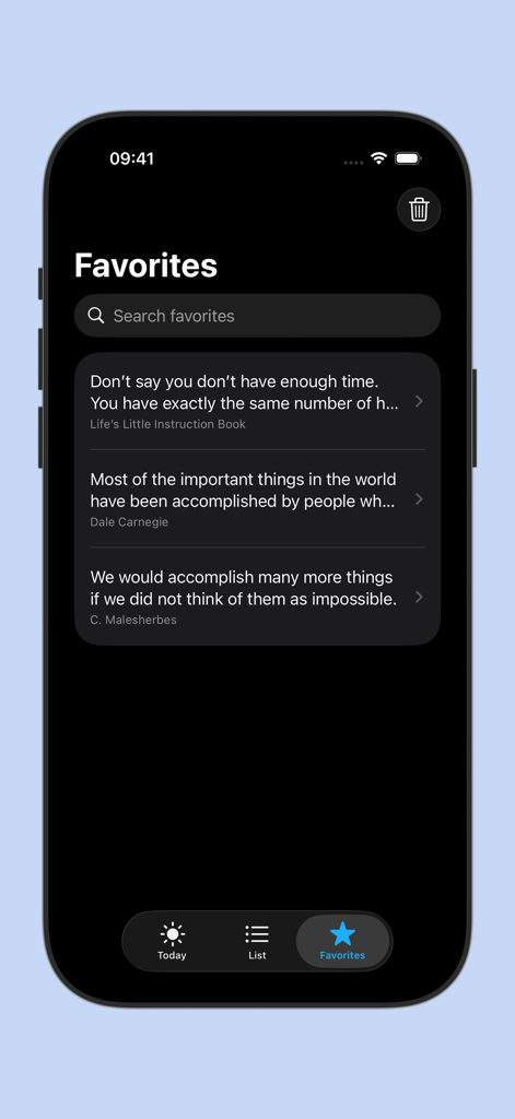Quote οf the day - ダークモードで保存されたモチベーションを高める格言が表示されている「今日の格言」アプリのお気に入りページのスクリーンショット