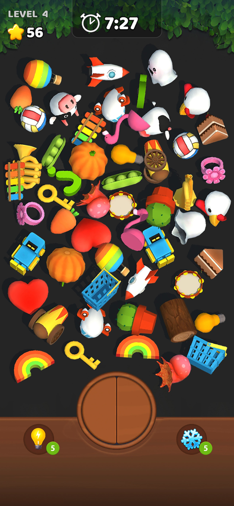 Match 3D Blast gameplay screen showing colorful 3D objects like animals and toys to be matched and organized.