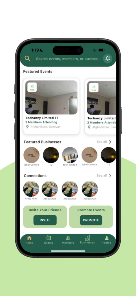 Arab Socials - Home screen of Arab Socials app showing events and business directory
