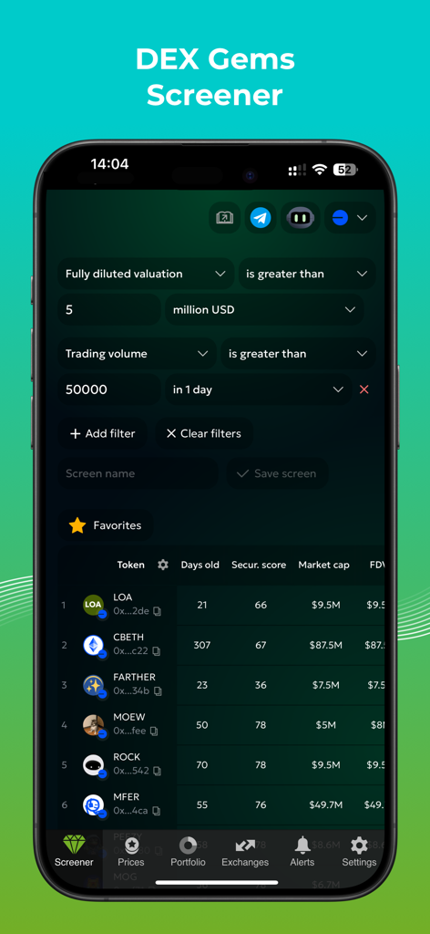 Good Crypto: Exchange Manager - Interfaccia DEX Gems Screener all'interno dell'app Good Crypto che mostra token di criptovaluta filtrati e metriche di mercato