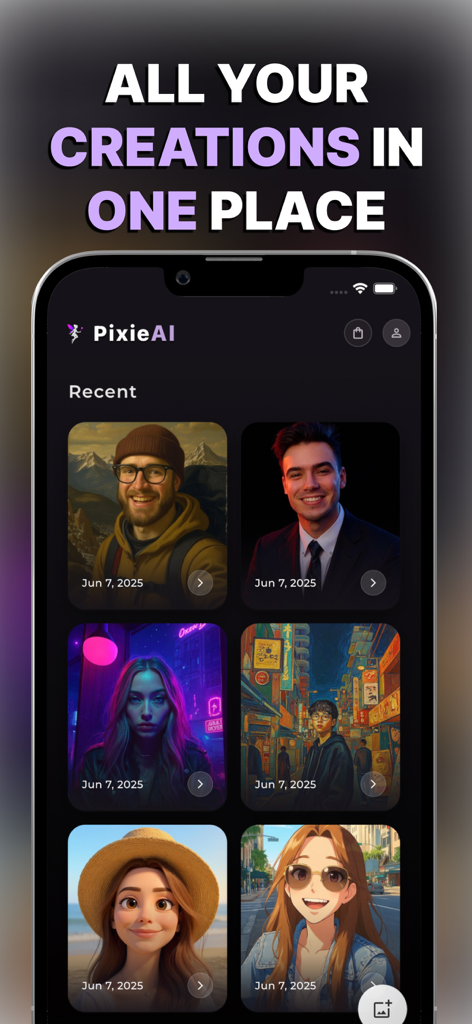 PixieAI - Magic Photo Editor - Interfaz de la aplicación PixieAI que muestra una galería de retratos recientes generados y editados por IA en diferentes estilos artísticos
