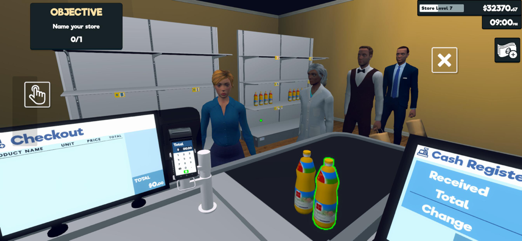First person view of a supermarket cashier station with customers in a management simulator game.