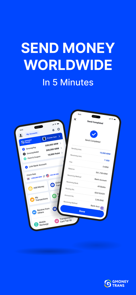 GmoneyTrans - GmoneyTrans app screens showing international money transfer confirmation and account management interface
