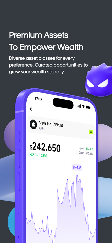 Interfaz de la aplicación SAVO mostrando el gráfico de rendimiento y precio de las acciones de Apple Inc.