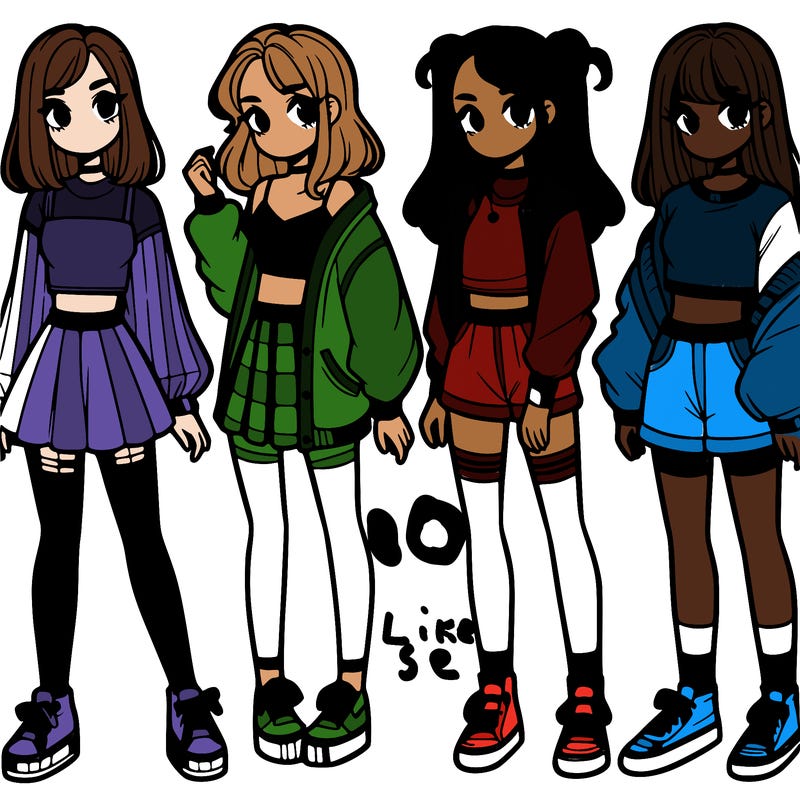 one girl with crop-top shirt and a jacket with a skirt, long socks and another girl with a shirt and pants with a jacket