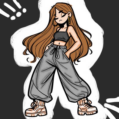 girl in baggy pants crop top and long hair