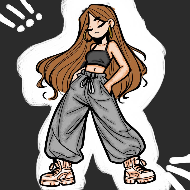 girl in baggy pants crop top and long hair
