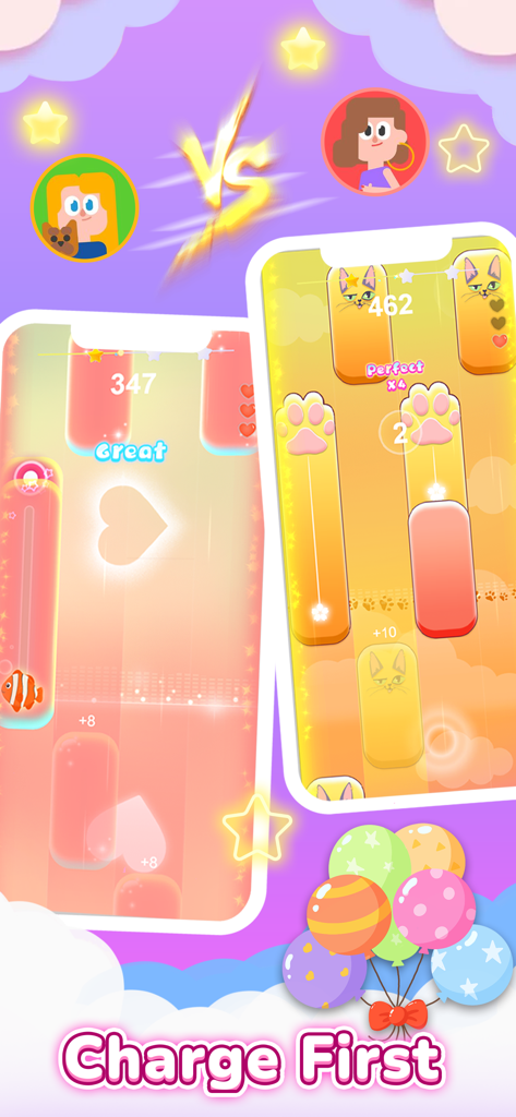 PopCat Tiles: Piano & Music - Mode bataille mondiale dans le jeu de piano PopCat Tiles où deux joueurs s'affrontent avec des tuiles de rythme sur le thème des chats.