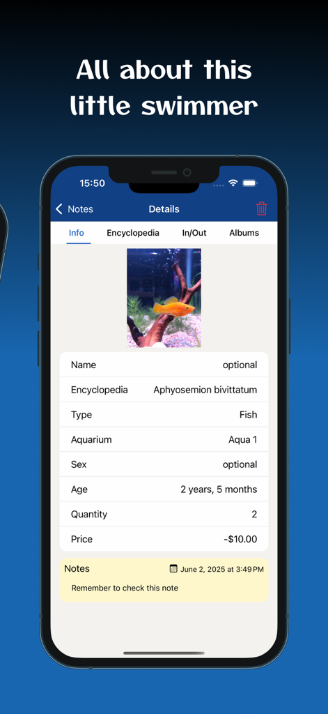 Aquarium Manager: Tank Log - Écran de détails pour un poisson d'aquarium montrant les informations sur l'espèce, l'âge et la quantité dans l'application.