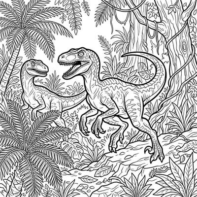Embark on a prehistoric adventure with this Velociraptor hunting coloring page. Depicting two fierce raptors in a dense jungle, it's perfect for dinosaur fans ready to color!