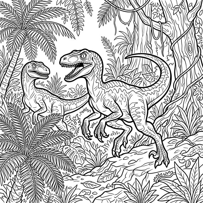 Embark on a prehistoric adventure with this Velociraptor hunting coloring page. Depicting two fierce raptors in a dense jungle, it's perfect for dinosaur fans ready to color!