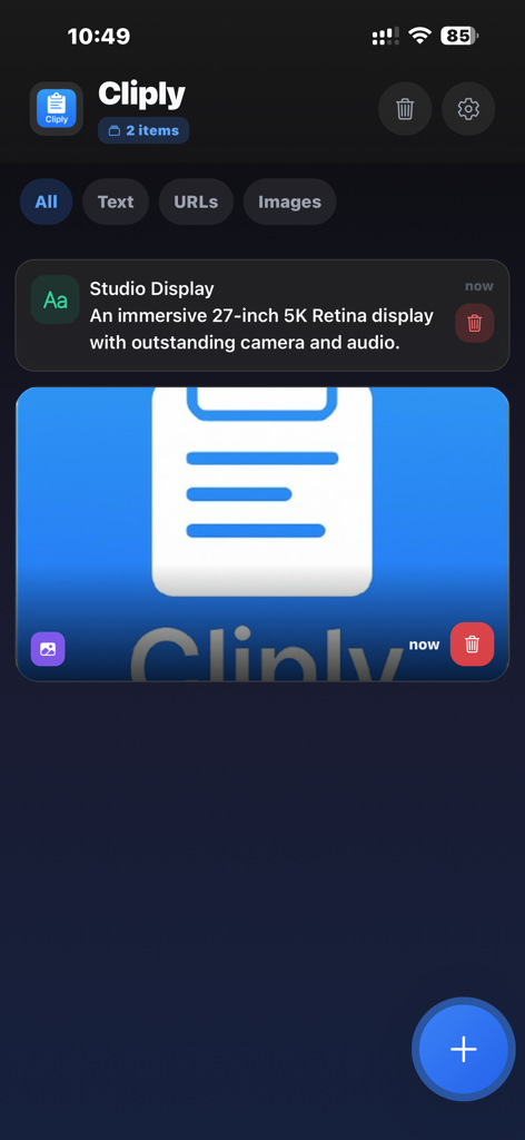 Cliply - Clipboard Manager - Interface of Cliply showing a list of saved text and image clipboard items with filter options.