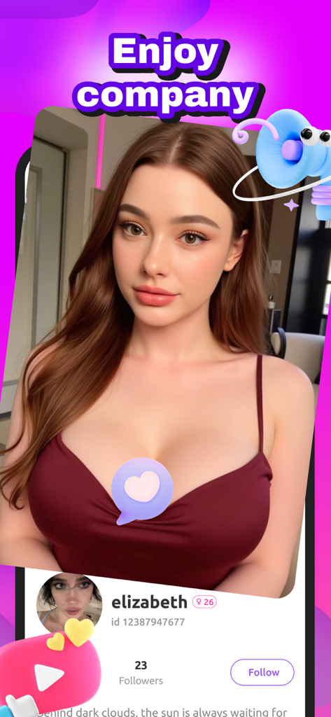 Taggo - Video Call, Happy Chat - Taggo app screen showing a user profile and enjoy company text