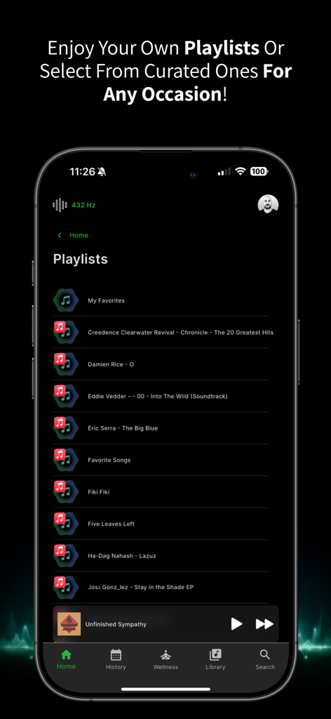 HZP (Hertz Player) - Interfaz de la aplicación HZP que muestra una lista de listas de reproducción de música con un indicador de reafinação a 432 Hz