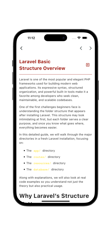 Learn Laravel - PHP - Ein mobiler App-Bildschirm, der die grundlegende Struktur und die Hauptverzeichnisse des Laravel PHP-Frameworks erklärt.