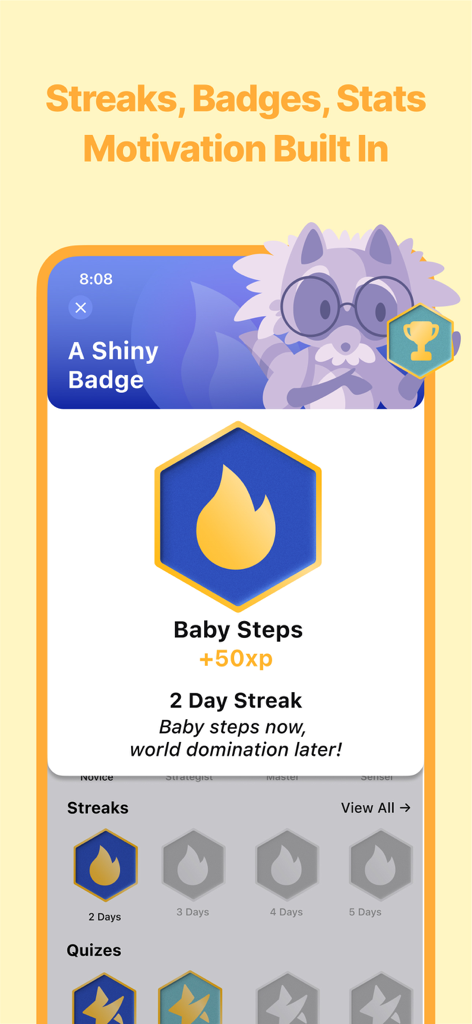 NCE Exam Prep 2026 | EZPrep - Schnittstelle der NCE Exam Prep App mit Lernserien, Abzeichen und spielerischen Motivationsfunktionen.