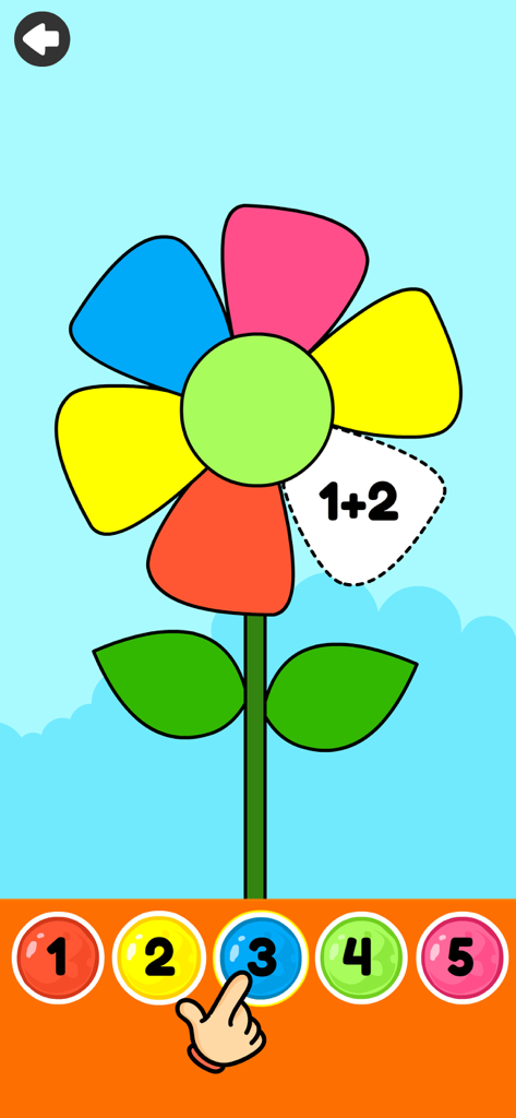 Educational addition game for kids featuring a colorful flower puzzle and number selection