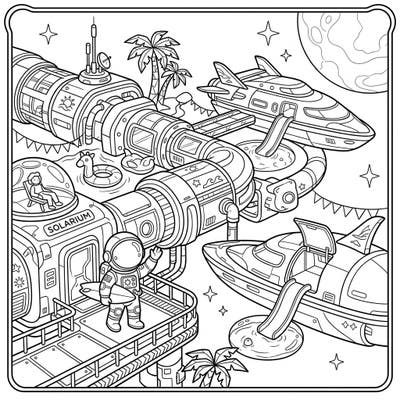 Imagine a universe where space travel meets poolside relaxation with this unique coloring page. Dive into a vibrant summer scene at a bustling space docking port, complete with sunbathing astronauts and intergalactic fun.