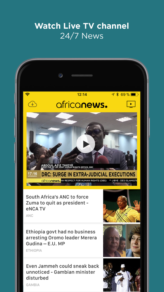 Benutzeroberfläche der Africanews Mobile App mit einem Live-Nachrichtenvideoplayer und dem neuesten Nachrichten-Feed.