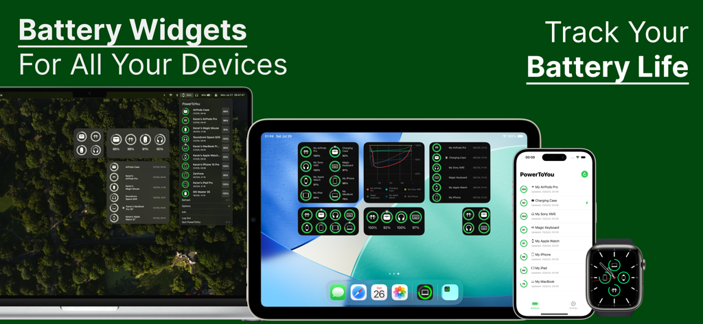 Battery Widget: PowerToYou - PowerToYou battery status widgets shown on MacBook iPad iPhone and Apple Watch