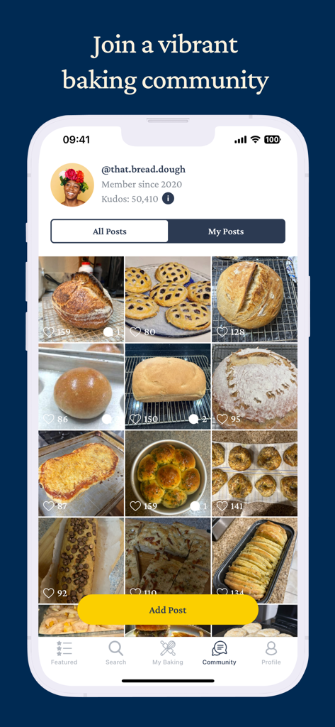 Kneady: Bread & Baking Recipes - Uno screenshot del feed della community dell'app Kneady che mostra una griglia di foto di pane fatto in casa da diversi utenti