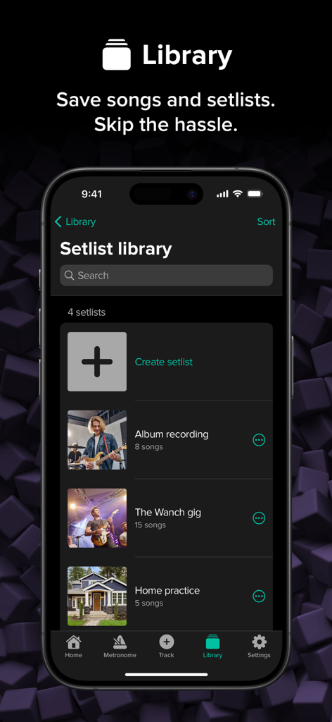Screenshot of the Setlist library in the Soundbrenner metronome app showing organized music folders for performances and practice