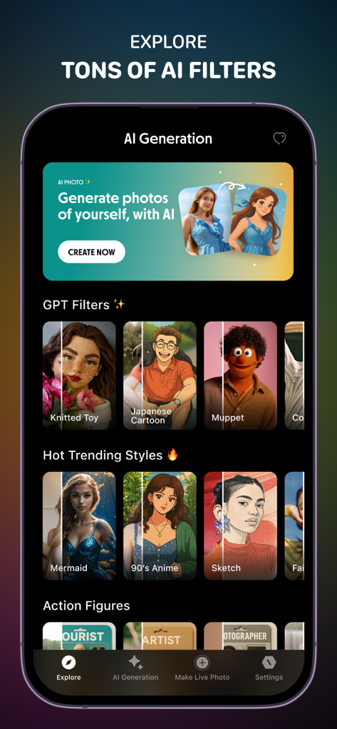 AI-Generierungsbildschirm in der WallPics App, der verschiedene Fotofilterstile wie Japanese Cartoon und 90er Anime zeigt