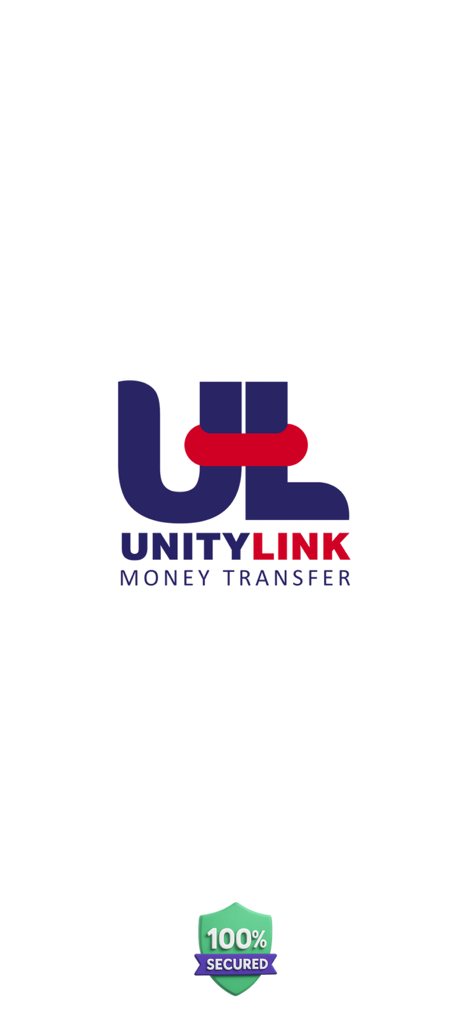 UnityLink - Money Transfer - UnityLink Money Transfer splash screen featuring the brand logo and a 100 percent secured badge