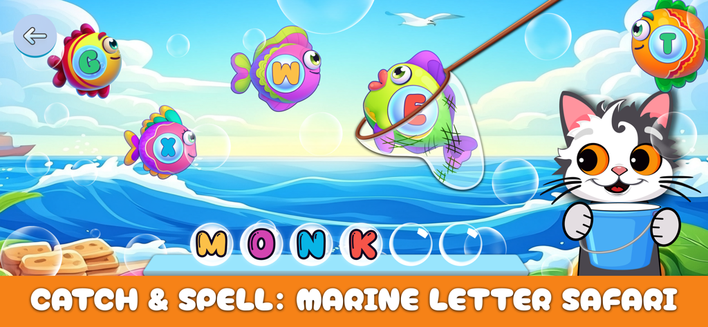 Letters Catch: Alphabet Games - An underwater educational game scene where a net catches fish with letters to help children spell words like monkey.