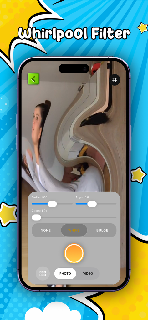 My Future Prediction Filter - A smartphone screen showing the Whirlpool Filter distorting a person's image with adjustment sliders for radius and angle.