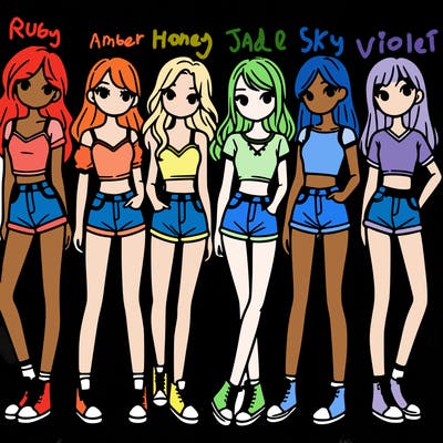 a group of girls wearing crop tops and shorts