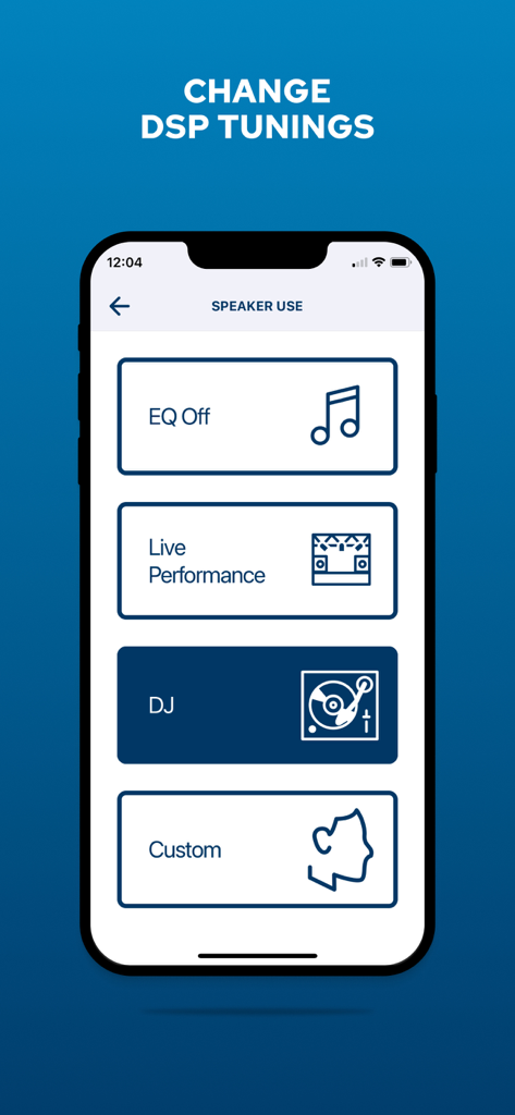 Alto Pro - Alto Pro app interface for selecting speaker DSP tuning modes like DJ and Live Performance.