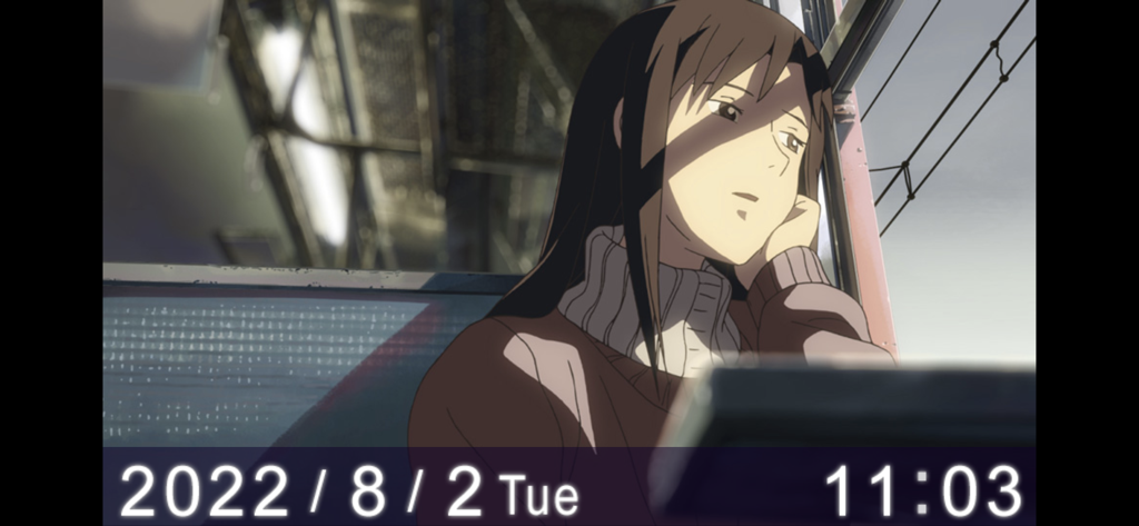 5cm per Second Film Book Ⅲ - Modo de reloj digital que muestra a una chica de anime melancólica en un tren