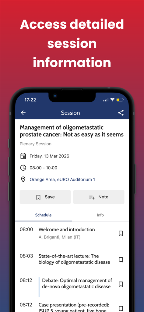 Uma captura de tela do aplicativo EAU Urologia mostrando um cronograma detalhado de sessões de conferência médica com horários de palestras e nomes de palestrantes