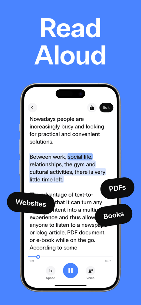 Smartphone mostrando la interfaz de la aplicación Speak4Me leyendo texto en voz alta con categorías resaltadas para sitios web, PDFs y libros