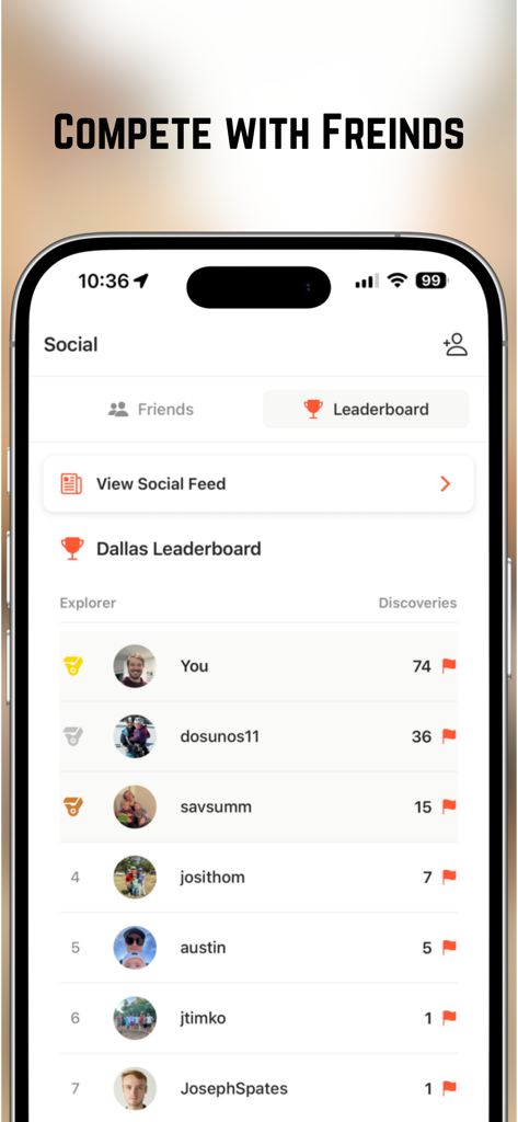 都市探検のための探索者のランキングと発見数を表示するOpen Worldアプリのダラスリーダーボード。