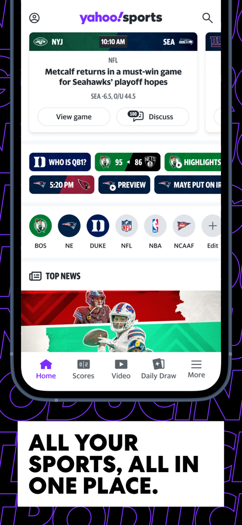 Yahoo Sportsアプリのホーム画面。ライブスコア、トップニュース記事、パーソナライズされたチームアイコンが表示されています。