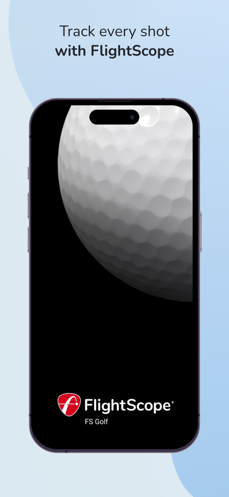 FS Golf - FS Golf app splash screen on an iPhone featuring a golf ball and FlightScope logo